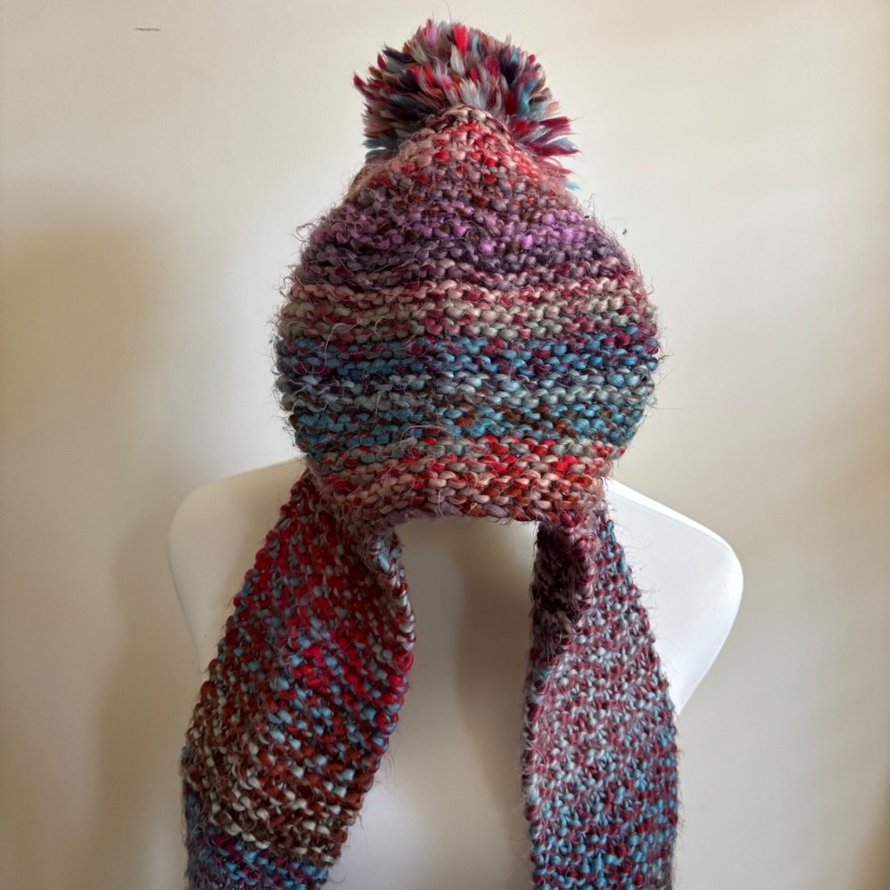 Handmade Chunky Knit Scoodie Hooded Scarf Beanie Pom Pom Multi Color Boho